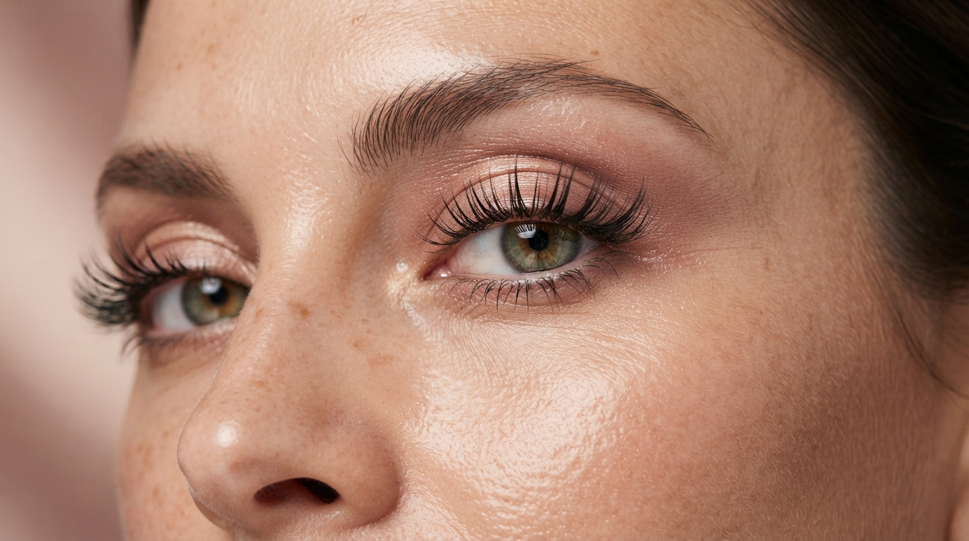 Close-up of hazel-green eyes with wispy, curled lash clusters